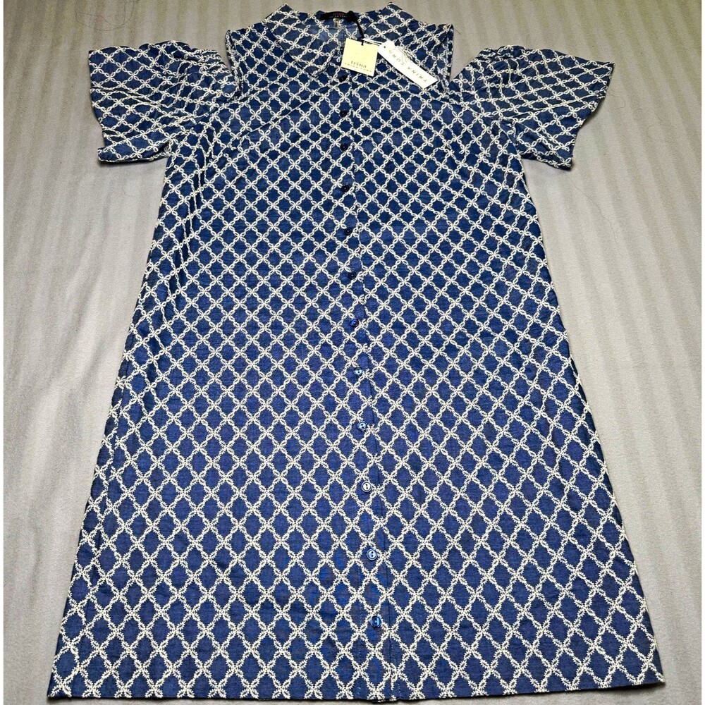 Trina Trina Turk Dress Womens 4 Blue White Embroidered Cold Shoulder Button NWT
